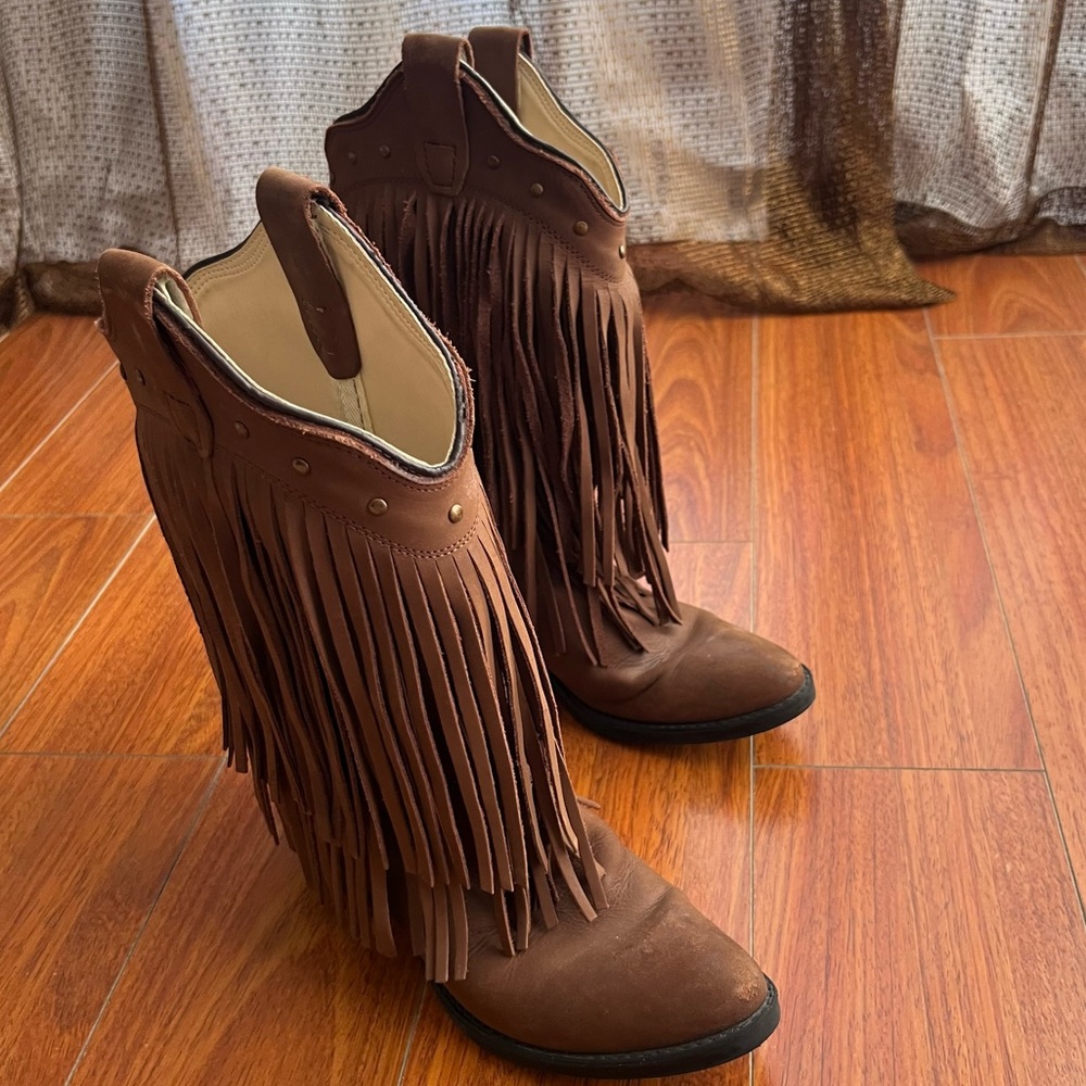 OLD WEST Girls Fringed Leather Western Cowboy Boot Brown 8125 Kid size 2.5 D